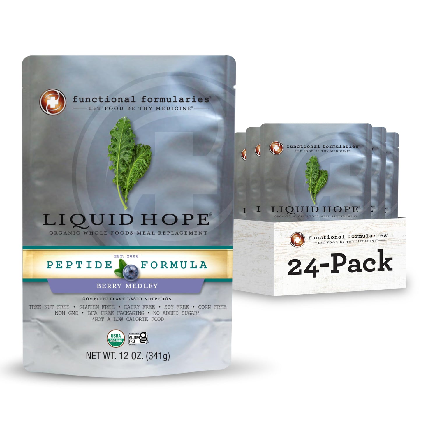FUNCTIONAL FORMULARIES Liquid Hope Orgainc Peptide Berry Medley Tube Feed Formula 23 g Protein 7g Fiber Meal Replacement 12 Oz (24 Pack)