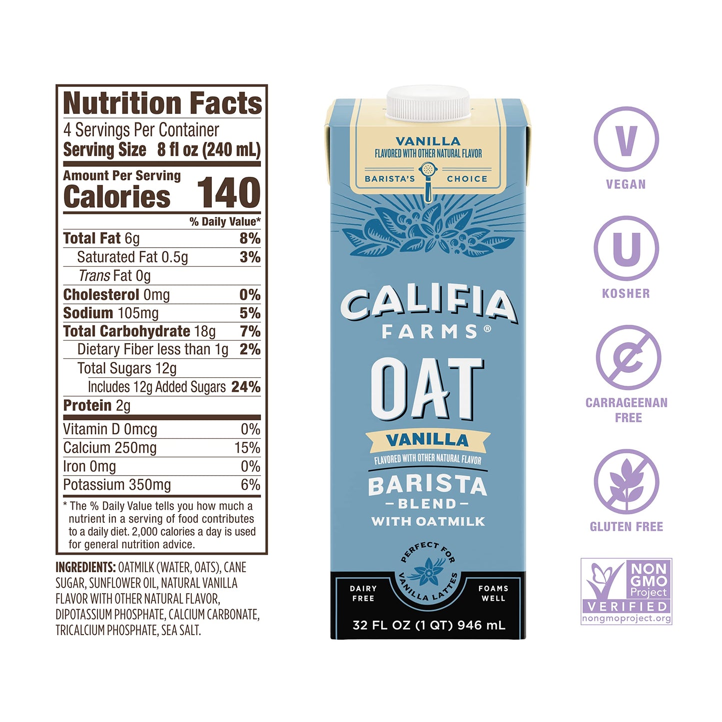 Califia Farms - Vanilla Oat Barista Blend Oat Milk, 32 Oz (Pack of 6), Shelf Stable, Dairy Free, Plant Based, Vegan, Gluten Free