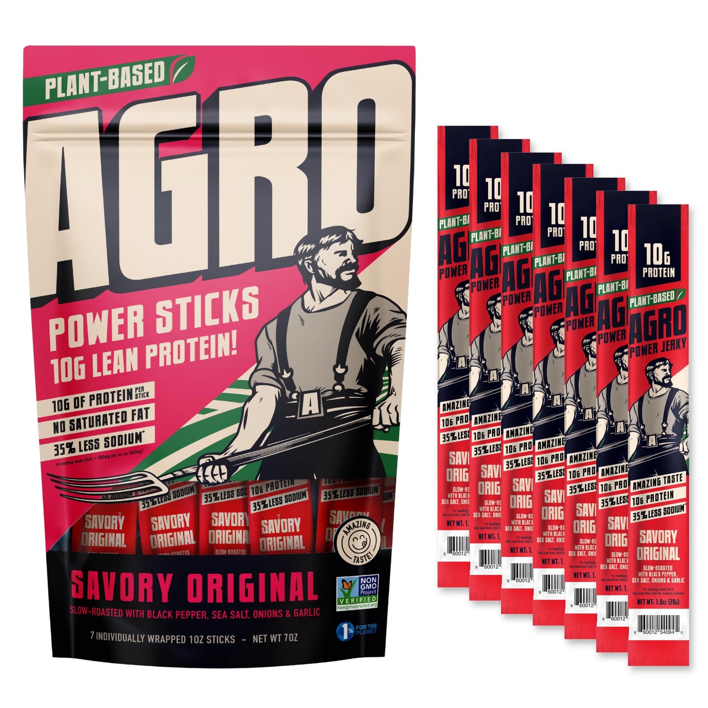 AGRO POWER Vegan Jerky Sticks Savory Original Plant-Based 7 Stick Bag with 10g Protein Non-GMO 40% Less Sodium Zero Cholesterol Meat Alternative High Protein Snack for Lunch On-the-Go Fuel