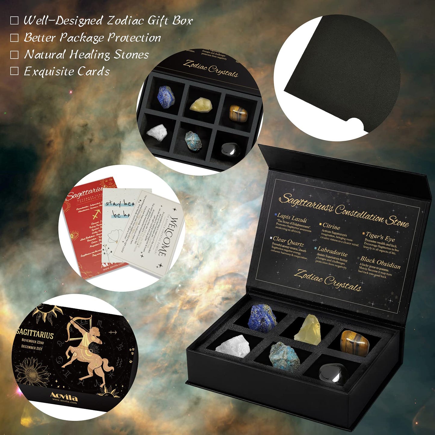 Sagittarius Crystals Gift Set, Zodiac Signs Healing Crystals Birthstones With Horoscope Box Set Sagittarius Astrology Crystals H