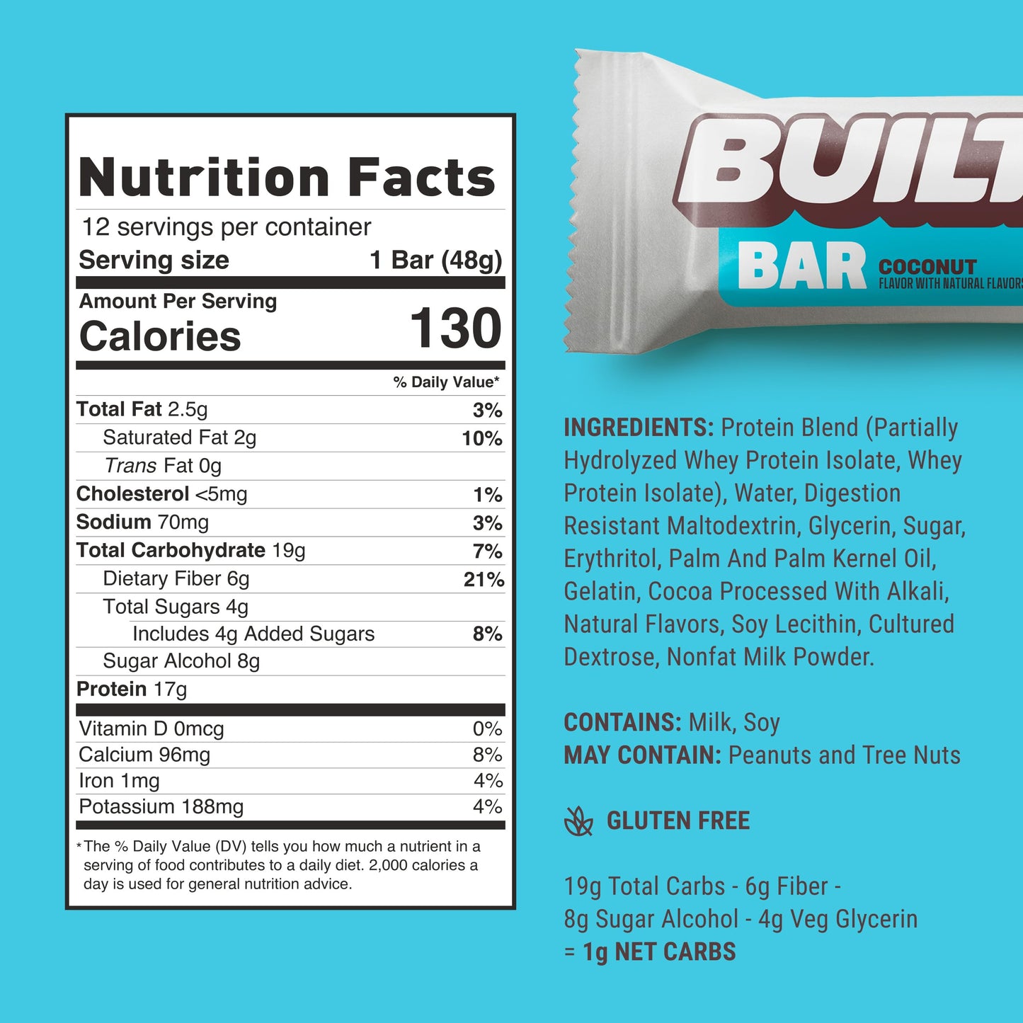 Built Bar, Protein Bars, 17G Protein Snacks, On-The-Go Bars With Only 130 Calories & 4G Sugar, Coconut, 12 Count