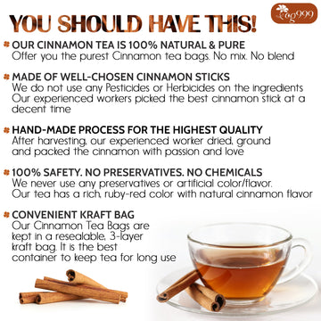 TOG999 Premium Herbal Tea - 100% Natural Cinnamon, No Sugar, No Caffeine, Vegan - 60 Bags