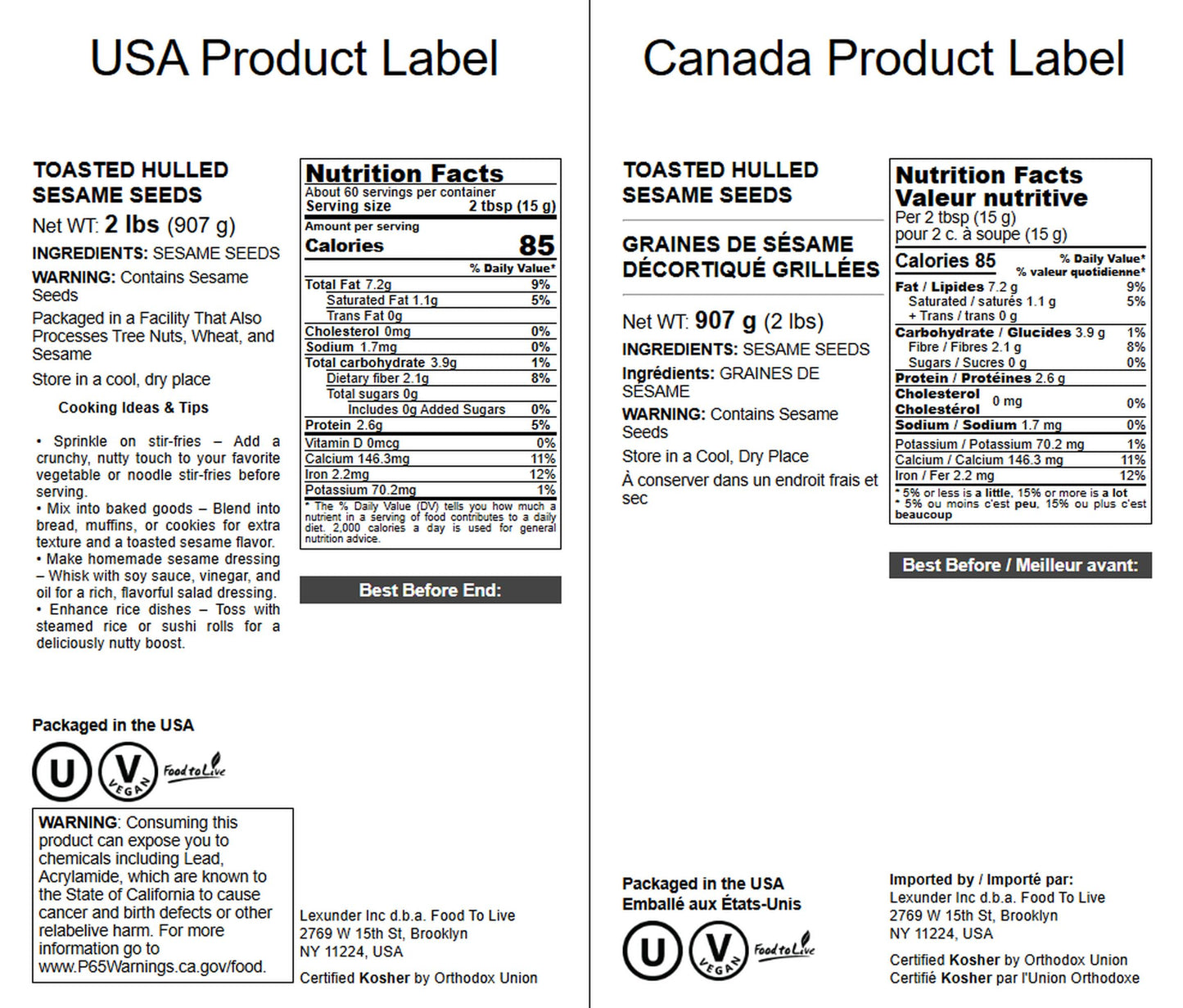 Food To Live Toasted Hulled Sesame Seeds, 2 Pounds - Crunchy And Nutritious Snack, Oven Roasted, Unsalted, No Oil Added, Perfect