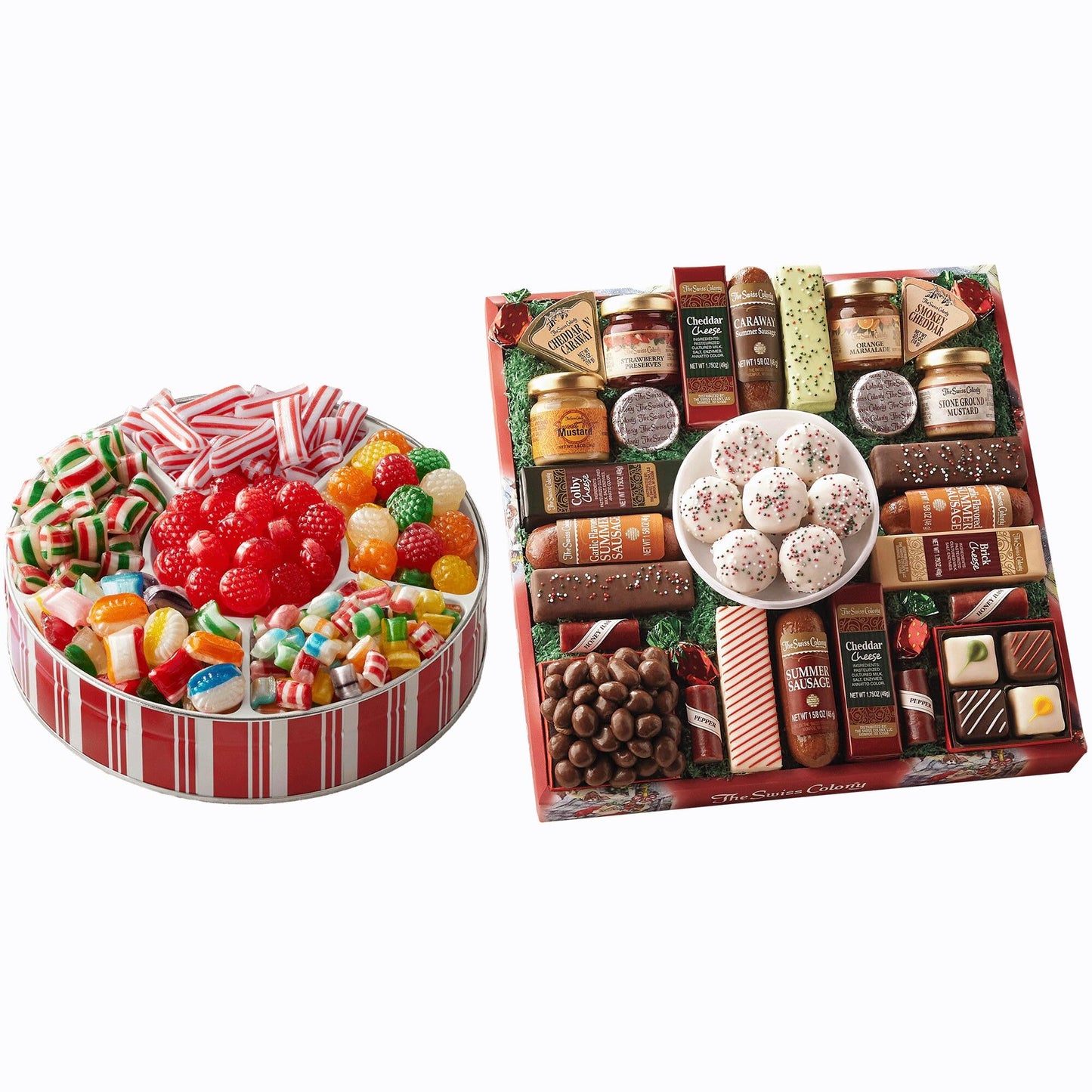 The Swiss Colony 27 Favorites And Traditional Christmas Candy Gift Bundle - Assorted Cheeses Chocolates Summer Sausage Meats Nostalgic Hard Candy Ribbons Raspberry Drops And More