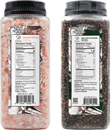 Soeos Himalayan Pink Salt Coarse 39 oz + Organic Black Peppercorns 18 oz, Salt for Grinder Refill, Salt and Peppercorns, Pepper