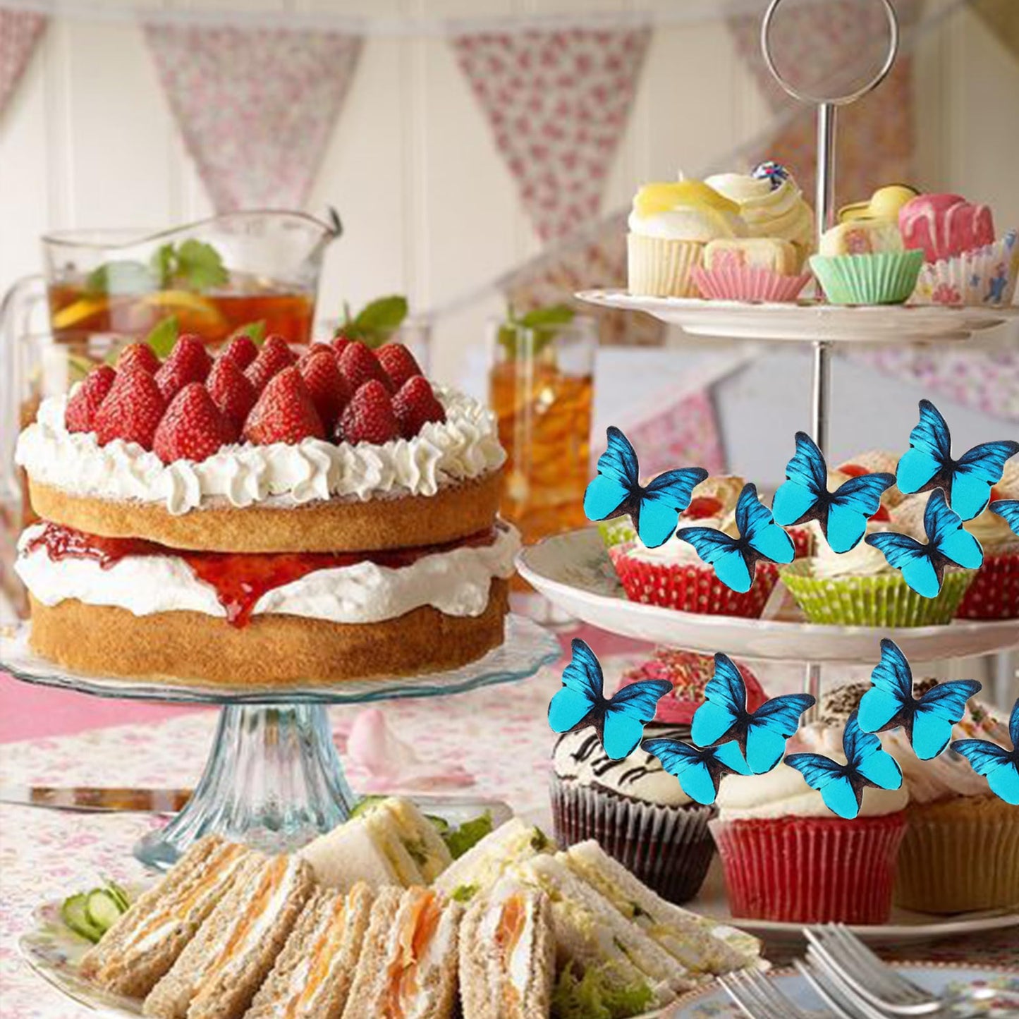 Rssta i 48 Pack Wafer Paper Butterflies Cupcake Toppers, Edible Cake Decorations, Blue