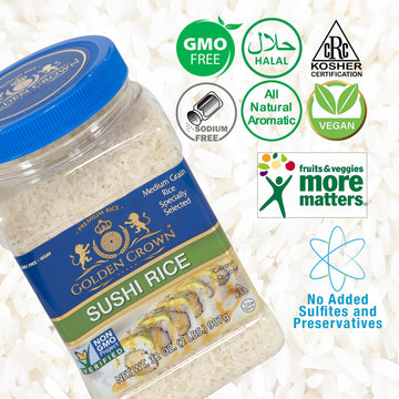 Golden Crown Premium Sushi Rice | Quality Halal + Kosher, Naturally Aged Gluten + Gmo Free Verified, Vegan, Tasty And Delicious