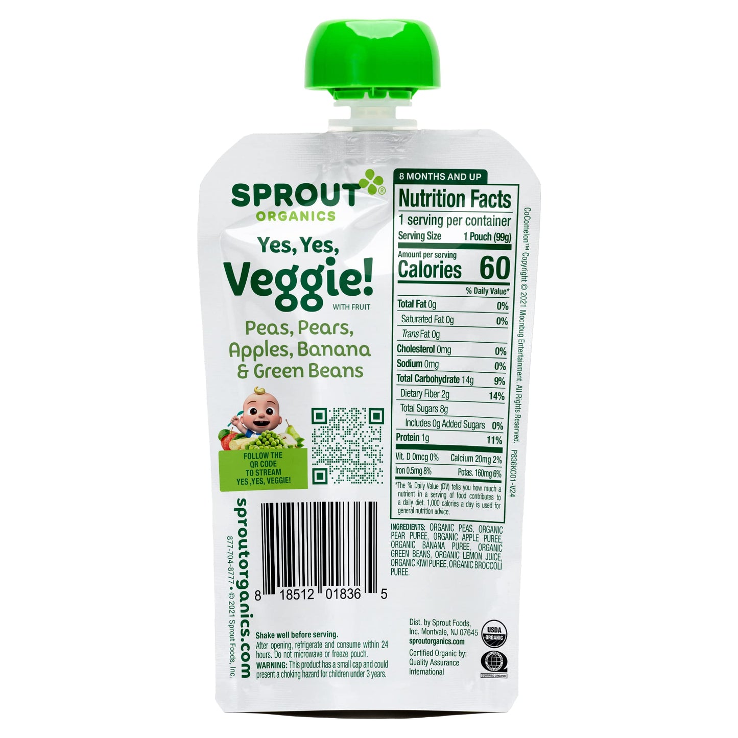 Cocomelon Sprout Organic Baby Food, Toddler Pouches, Yes, Yes, Veggie, Fruits, Grains, 3.5 Oz(Pack Of 12)