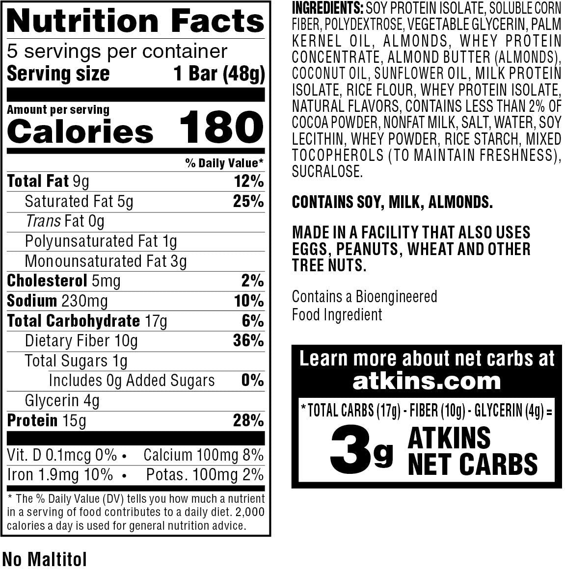 Atkins Chocolate Almond Caramel Protein Meal Bar, High Fiber, 15g Protein, 1g Sugar, 3g Net Carbs, Meal Replacement, Keto Friend