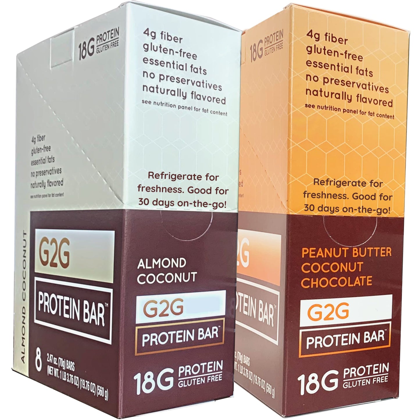 G2G Protein Bar, Coconut Lovers 2-Pack, 1 Box Peanut Butter Coconut, 1 Box Almond Coconut, Healthy Snack, Delicious Meal Replacement, Gluten-Free, Refrigerated For Freshness, 16 Count (2 Packs Of 8)