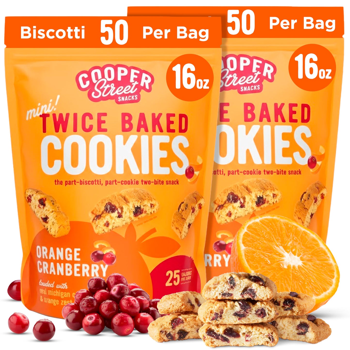 Cooper Street Twice-Baked Orange Cranberry Biscotti Cookies (16 oz - Pack of 2) - Over 50 Biscotti per Bag Loaded with Real Frui
