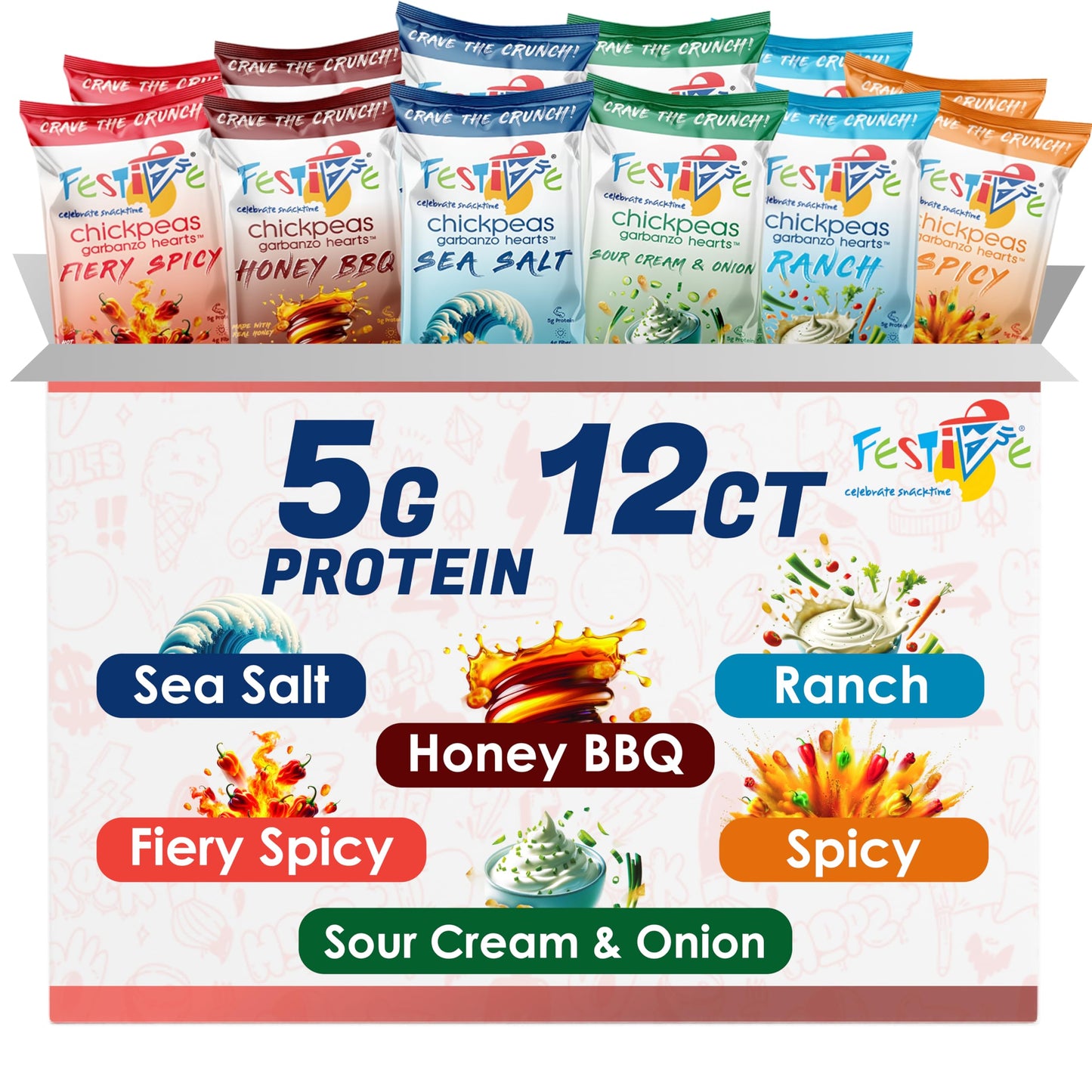 Snack Festive Variety Pack Roasted Chickpea Snacks, 12 Bags 1 oz Crunchy Protein Garbanzo Beans, Healthy Nut Free Vegan Non-GMO