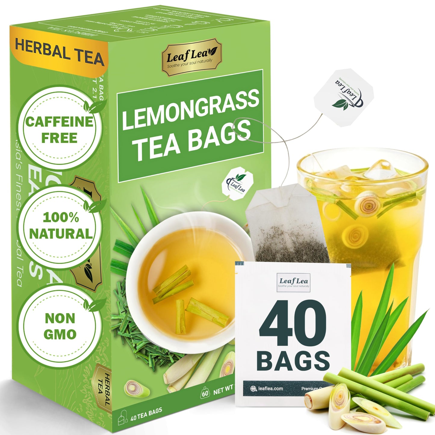 Leaflea Lemongrass Tea Bags 40 Count 100% Natural Lemongrass Leaves Te Limon Grass Te De Limoncillo Herbal Tea With Smooth Light Aroma Sugar-Free Energy Blend-Free Non-Gmo Vegan Friendly