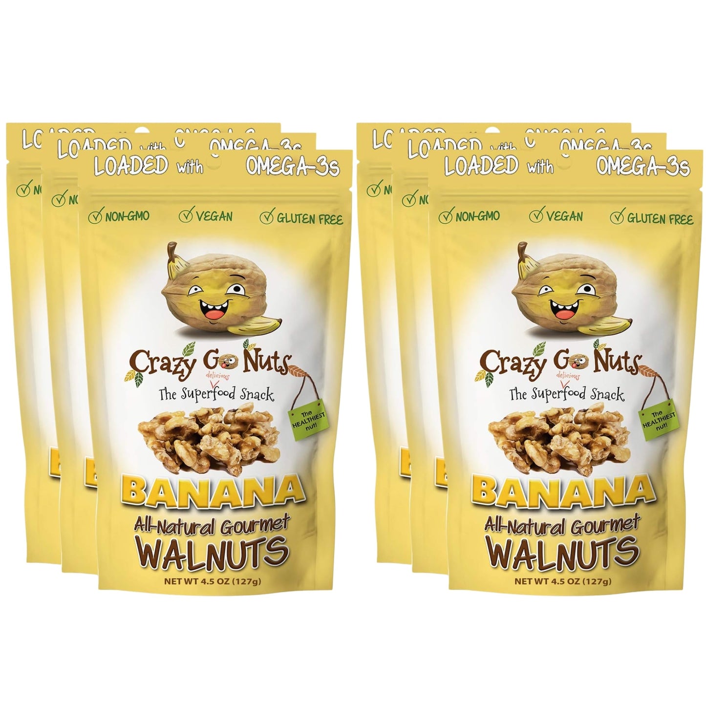 Crazy Go Nuts Walnuts - Banana, 4.5 oz (6-Pack) - Healthy Snacks, Vegan, Gluten Free, Superfood - Natural, Non-GMO, ALA, Omega 3