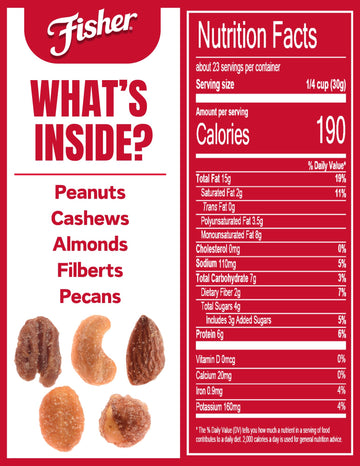 Fisher Snack Honey Roasted Mixed Nuts With Peanuts, 24 Ounces, Peanuts, Cashews, Almonds, Filberts, Pecans