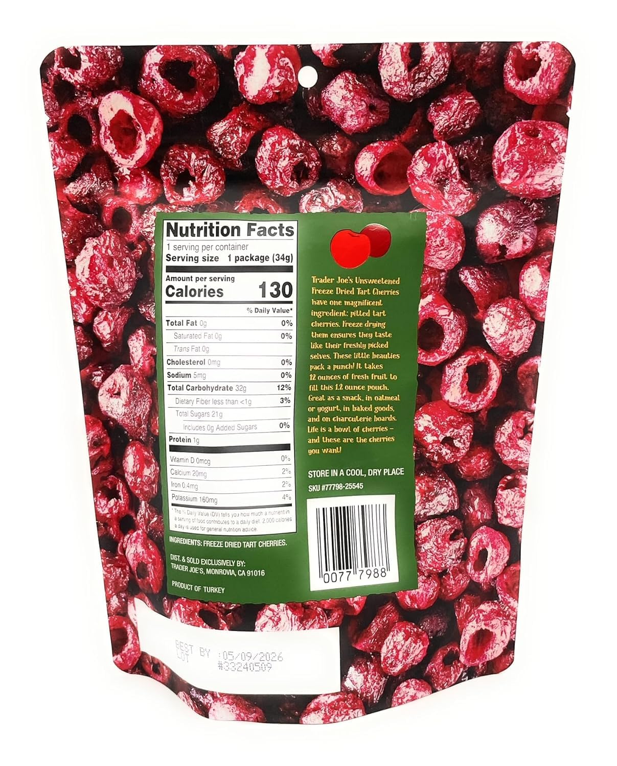 Trader Joes Freeze-Dried Tart Cherries Unsweetened & Unsulfured 1.2 Oz (34G) - 2 Pack