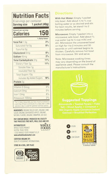 365 by Whole Foods Market Organic Apple Cinnamon Instant Oatmeal, 8 Pack, 11.3 Ounce, Perfect for Quick Breakfasts