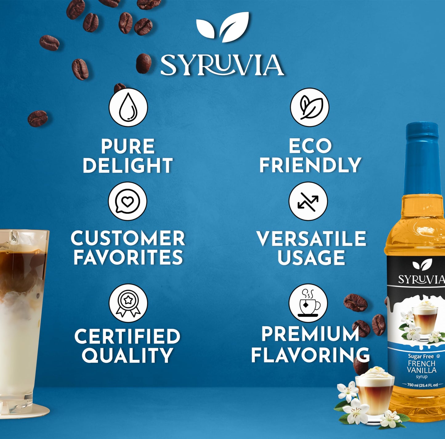 Syruvia Sugar-Free French Vanilla Syrup - 25.4 Fl Oz. Premium Coffee Flavoring Syrup. 0 Calories, Kosher, And Gluten-Free. Perfe