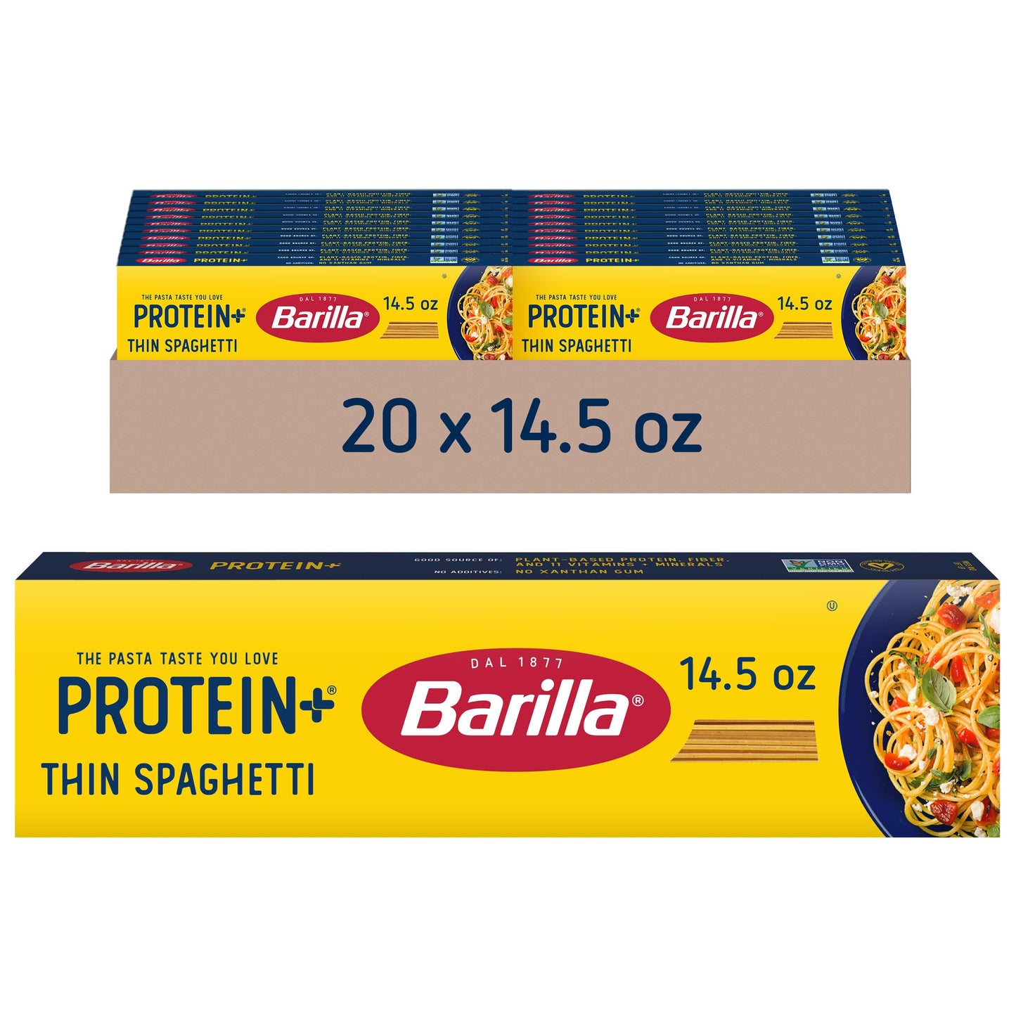 BARILLA Protein+ (Plus) Thin Spaghetti Pasta, 14.5 Ounce (Pack of 20) - plant based pasta - Made from Lentils, Chickpeas & Peas