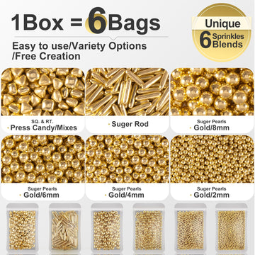 Huebeaty 6-in-1 Metallic Gold Dragees Sprinkles for Cake Decorating, 180g, Gold