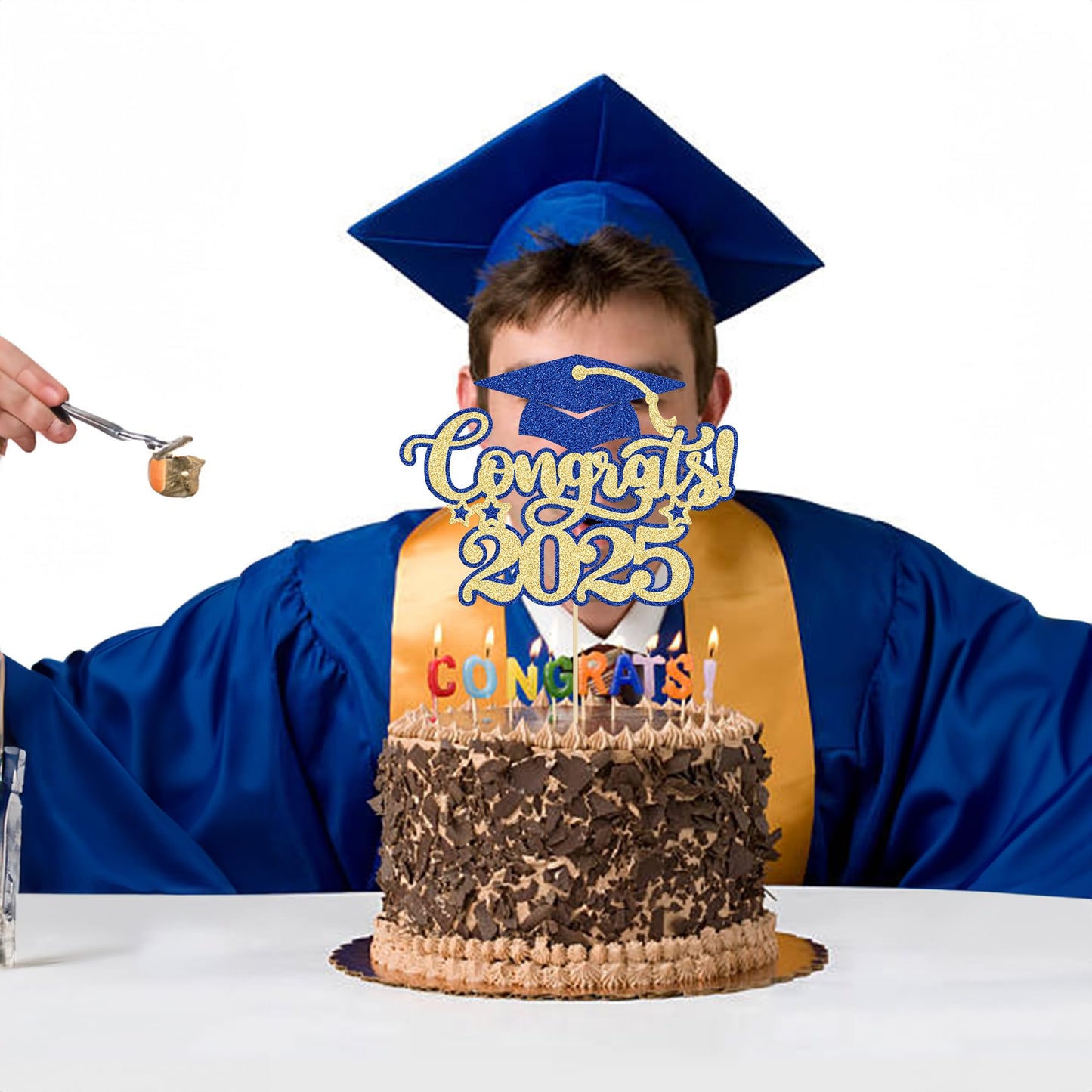 Gyufise Cake Topper Congrats 2025 Glitter Diploma Grad Cap Decoration 6.3x7.9 inches Blue Gold