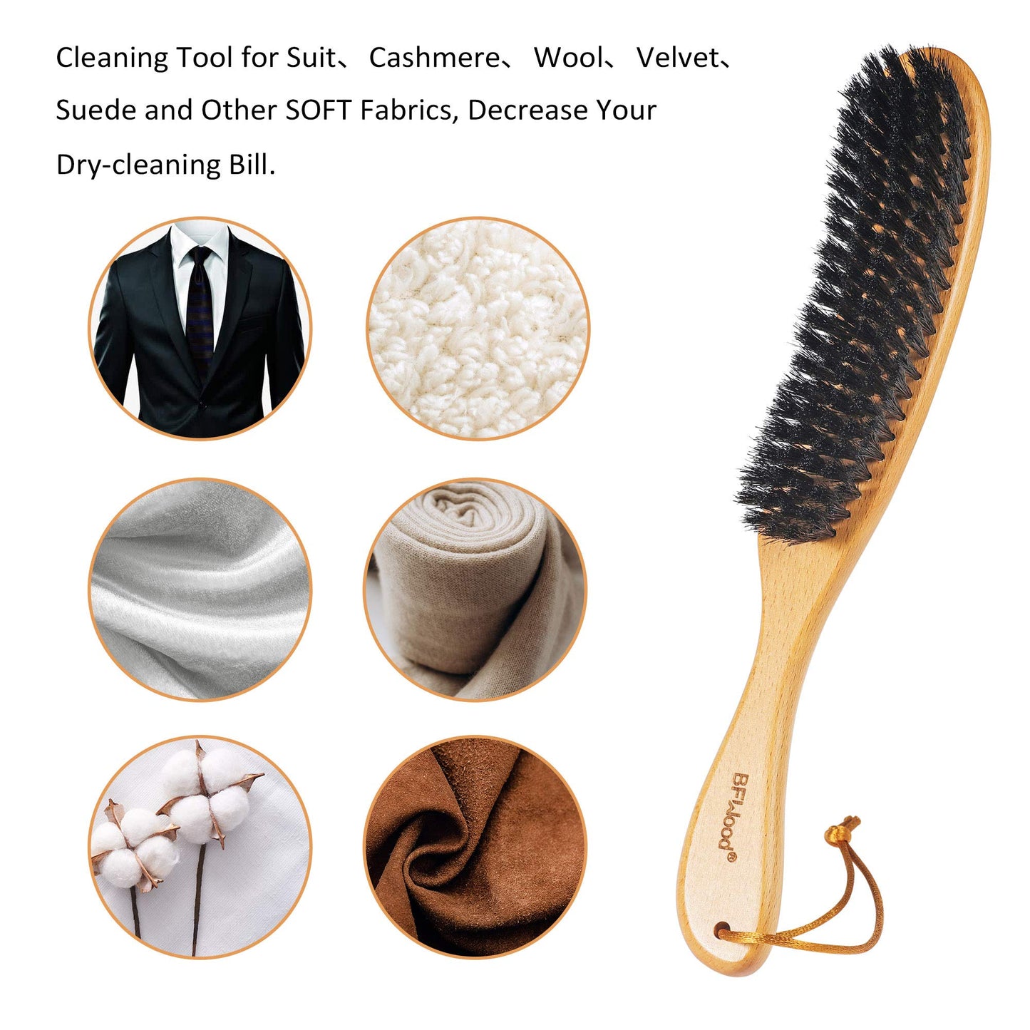 Bfwood Clothes Brush - Boar Bristle Lint Brush For Suits, Cashmere, Wool, Velvet, Suede And Pet Hair - Large Beech Handle