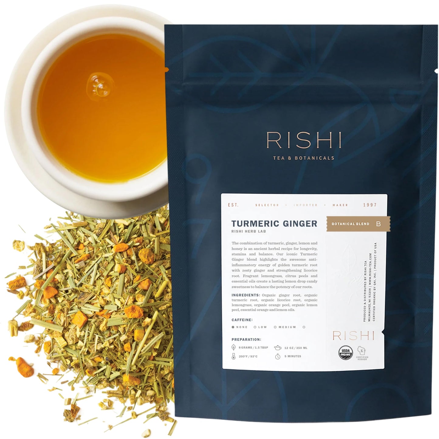 Rishi Tea Turmeric Flavor Blendger Herbal Tea - Organic Loose Leaf Energy Blend Free Blend With Spicy Flavor Blendger & Citrus Hot Or Iced - 4 Ounces 14+ Servings