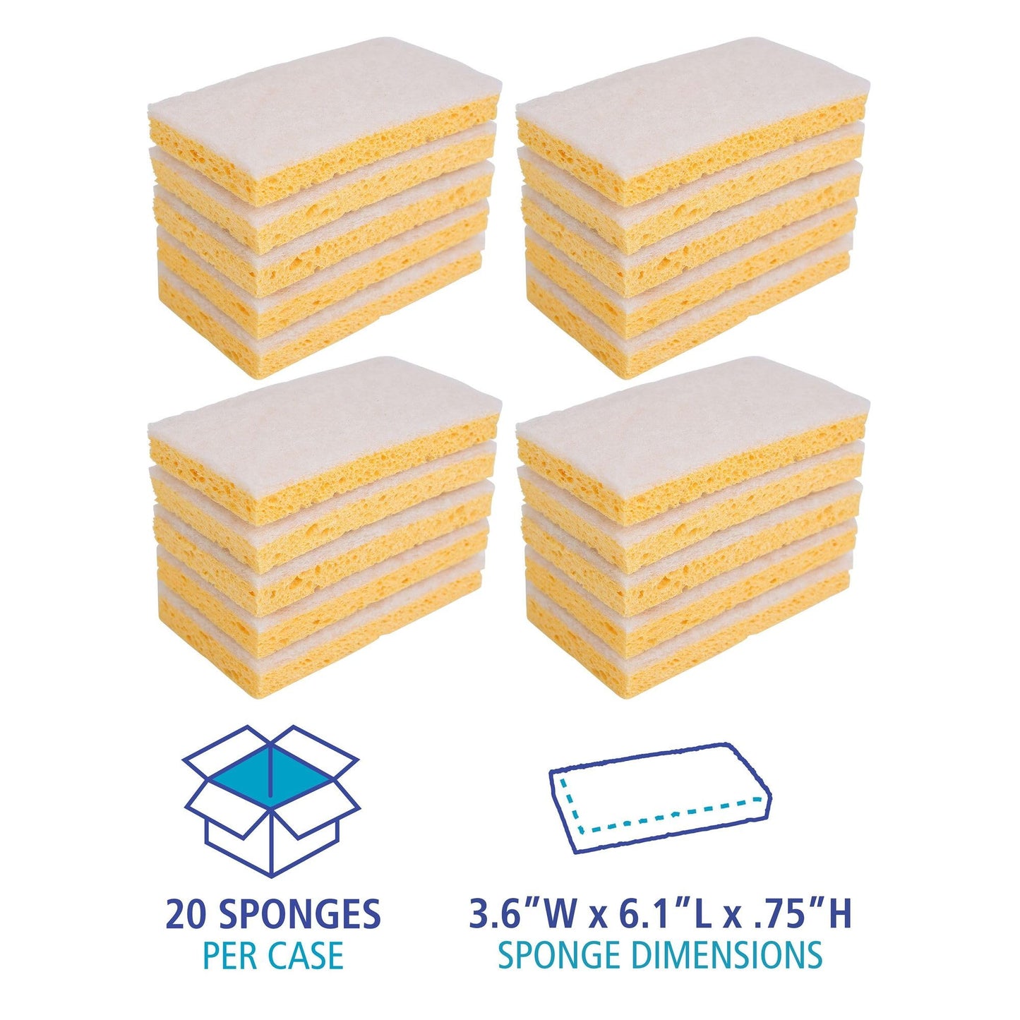 Boardwalk Scrubbing Sponge, Light Duty, 3.6 X 6.1, 0.7'' Thick, Yellow/White, Individually Wrapped, 20/Carton
