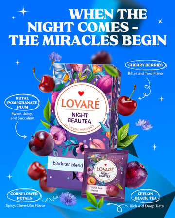 Lovare Night Beautea Tea Bags 48 G - Made In Ukraine - Ceylon Black Tea, Cherry Berries, Cornflower Petals, Royal Pomegranate Pl