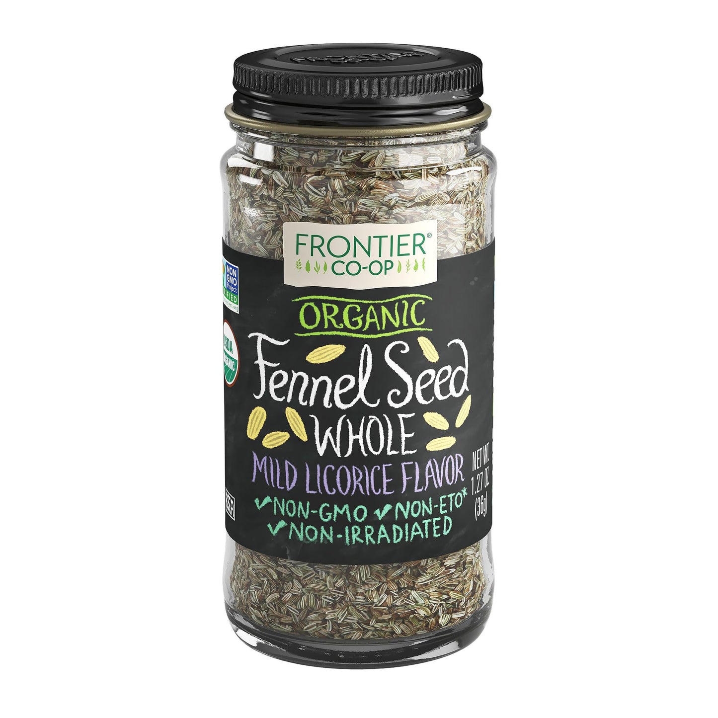 Frontier Co-op Organic Whole Fennel Seed, 1.27 oz - Sweet Turkish Fennel for Seasoning Soups, Fish, Salads, Veggies, Candied Des