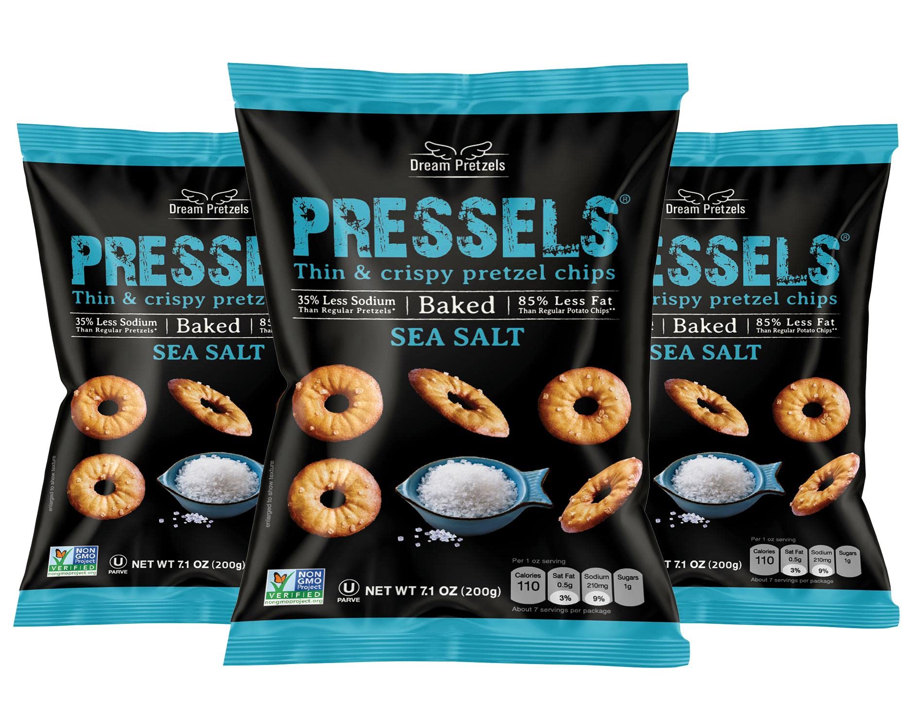 Dream Pretzels Pressels Baked Pretzel Chips, Sea Salt Seasoned, Mini Thin Crisps, Gourmet Snack Bites, Vegan, Low Sodium, Pack o