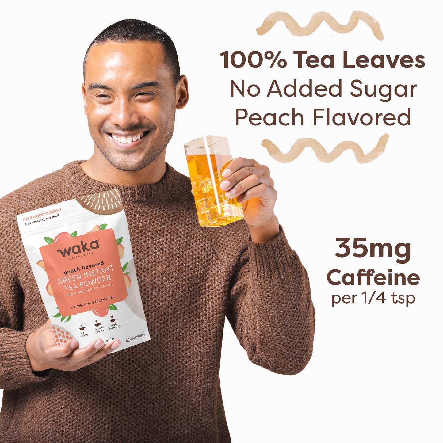 Waka Instant Green Tea Mix, Peach Flavored - 100% Tea Leaves, No Additives, Unsweetened Tea Powder In Bulk Pouch - Easy Quick Ho