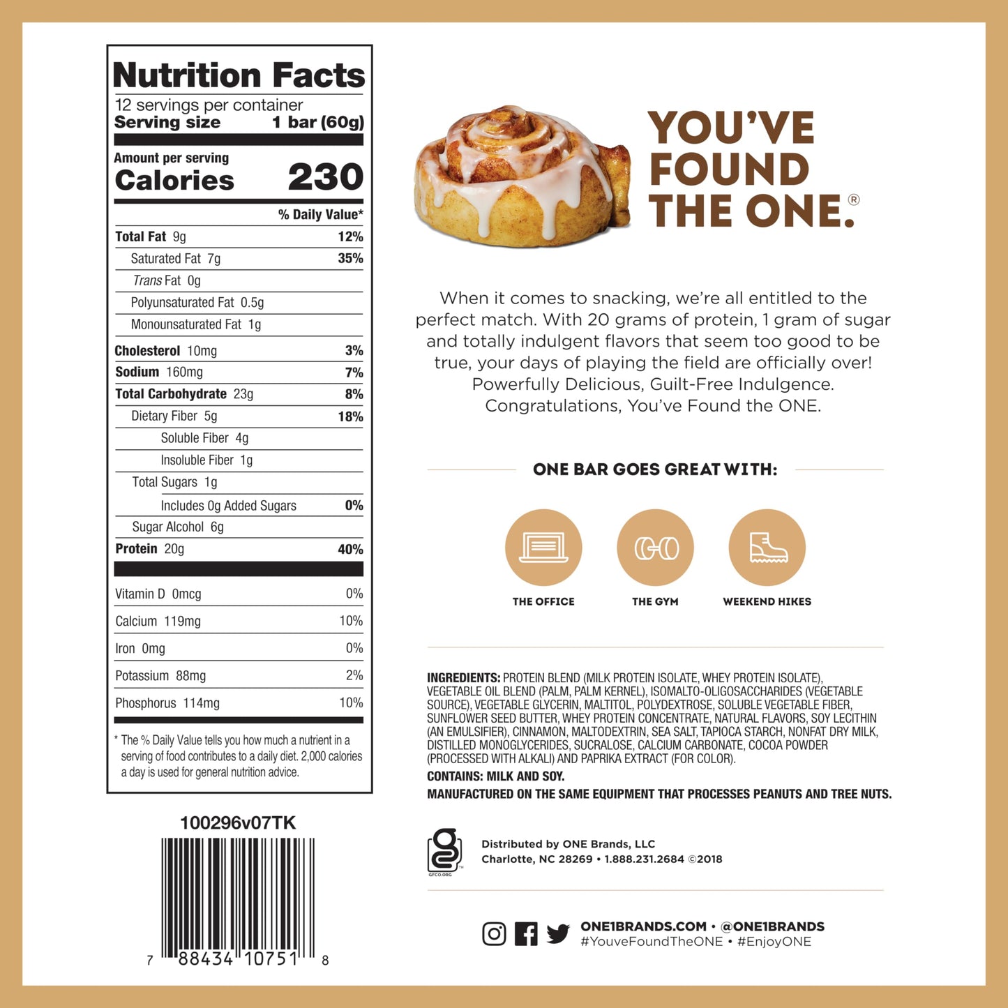 One Protein Bars, Cinnamon Roll, Gluten Free Protein Bars With 20G Protein And 1G Sugar, Pantry Staples, 2.12 Oz (12 Count)