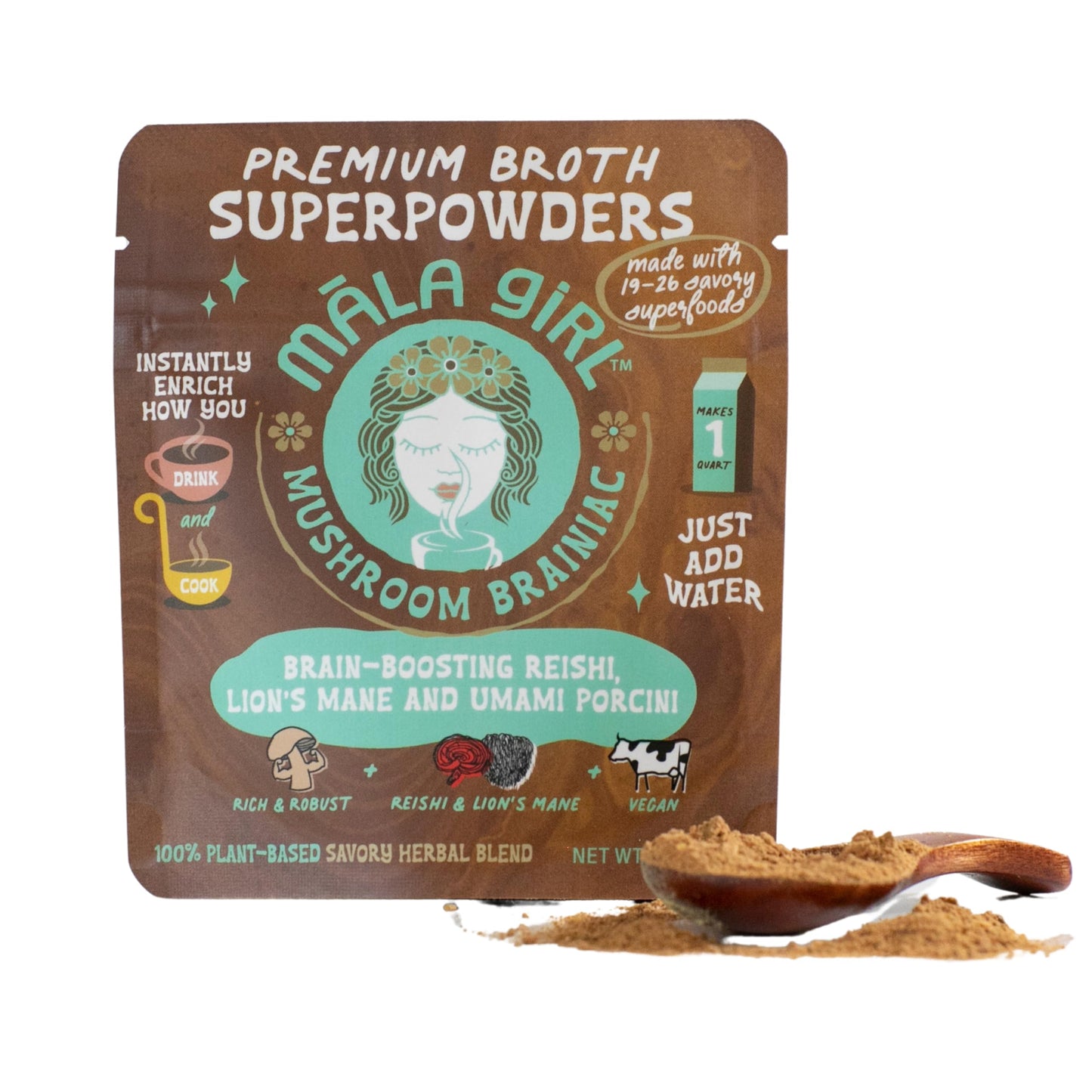 Mala Girl Vegan Savory Mushroom Superfood Broth Powder - Instant Soup Base - Sipping Broth W/Reishi Lions Mane & Porcini Mushrooms (Makes 4-6 Cups)
