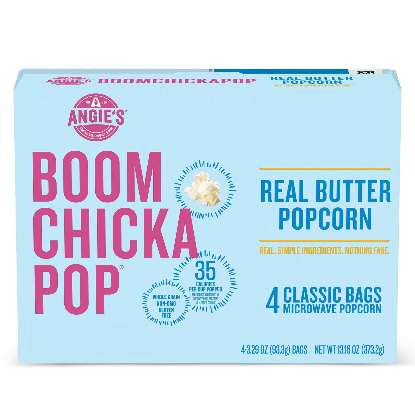 Angies BOOMCHICKAPOP Real Butter Microwave Popcorn, 3.29 oz. Classic Bags 4-Count (Pack of 6)