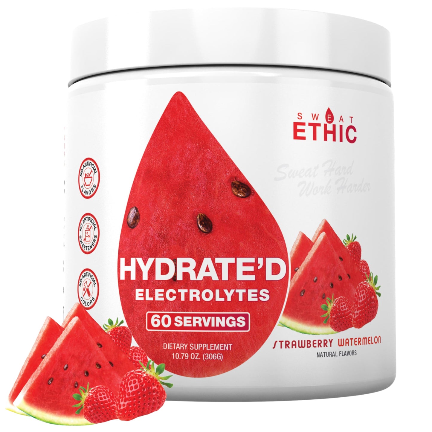 Sweat Ethic Hydrated Electrolytes Electrolyte Powder With Potassium Magnesium & Vitamin C Easy Mix Powder For Hydration & Performance Support Strawberry Watermelon Flavor 60 Servings