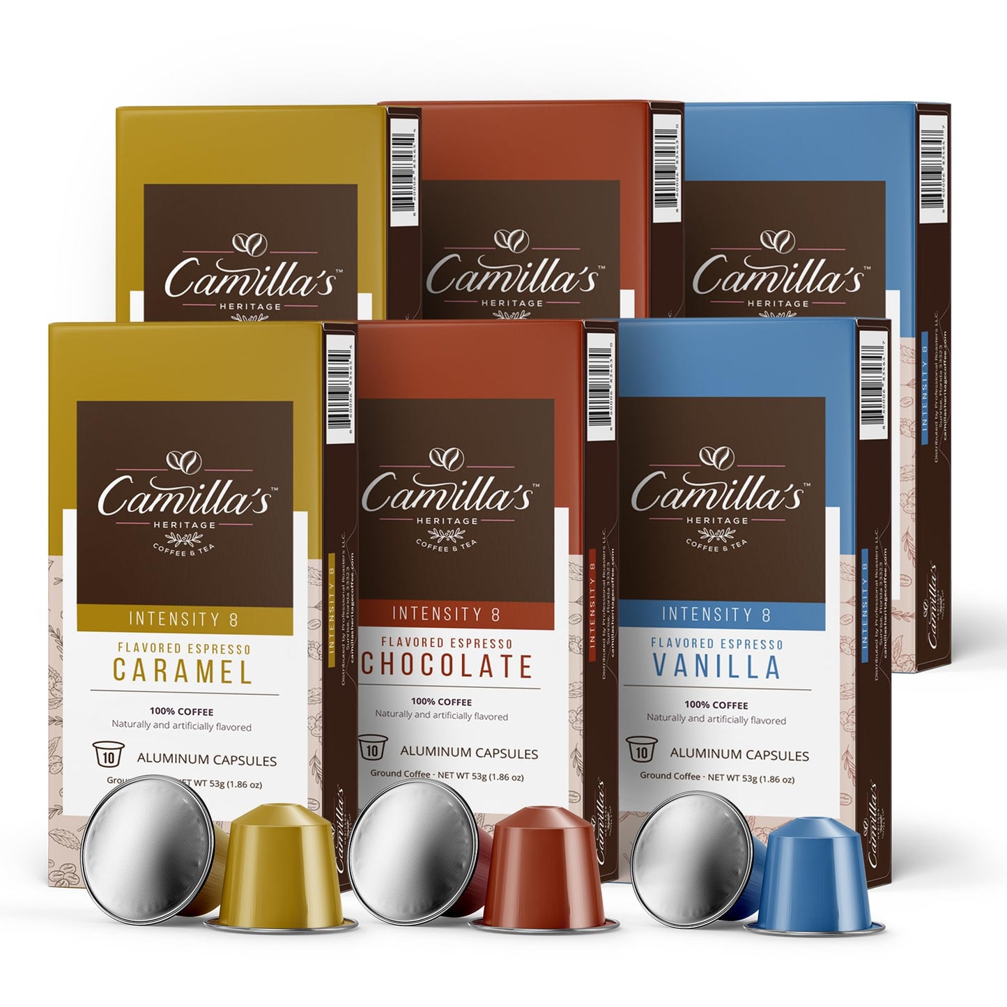 Camillas Heritage - Intensity 8 Flavored Espresso Coffee Variety Pack (Gourmet Chocolate Vanilla & Caramel Espresso Cups) 60 Coffee Pods