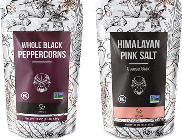 Soeos Whole Black Peppercorns 16Oz + Himalayan Pink Salt 2Lb, Salt And Pepper For Grinders, Black Peppercorn Refil, Pink Himalayan Sea Salt, 2 Piece Set
