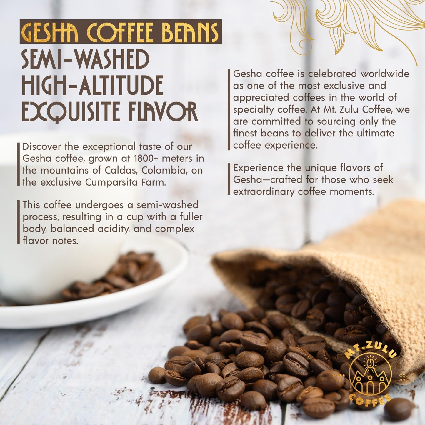 Mt. Zulu Gesha/Geisha Exotic Coffee Beans, Premium Specialty Coffee, 86.75 Sca, Medium Roast, Chamomile, Calendula & Chocolate N