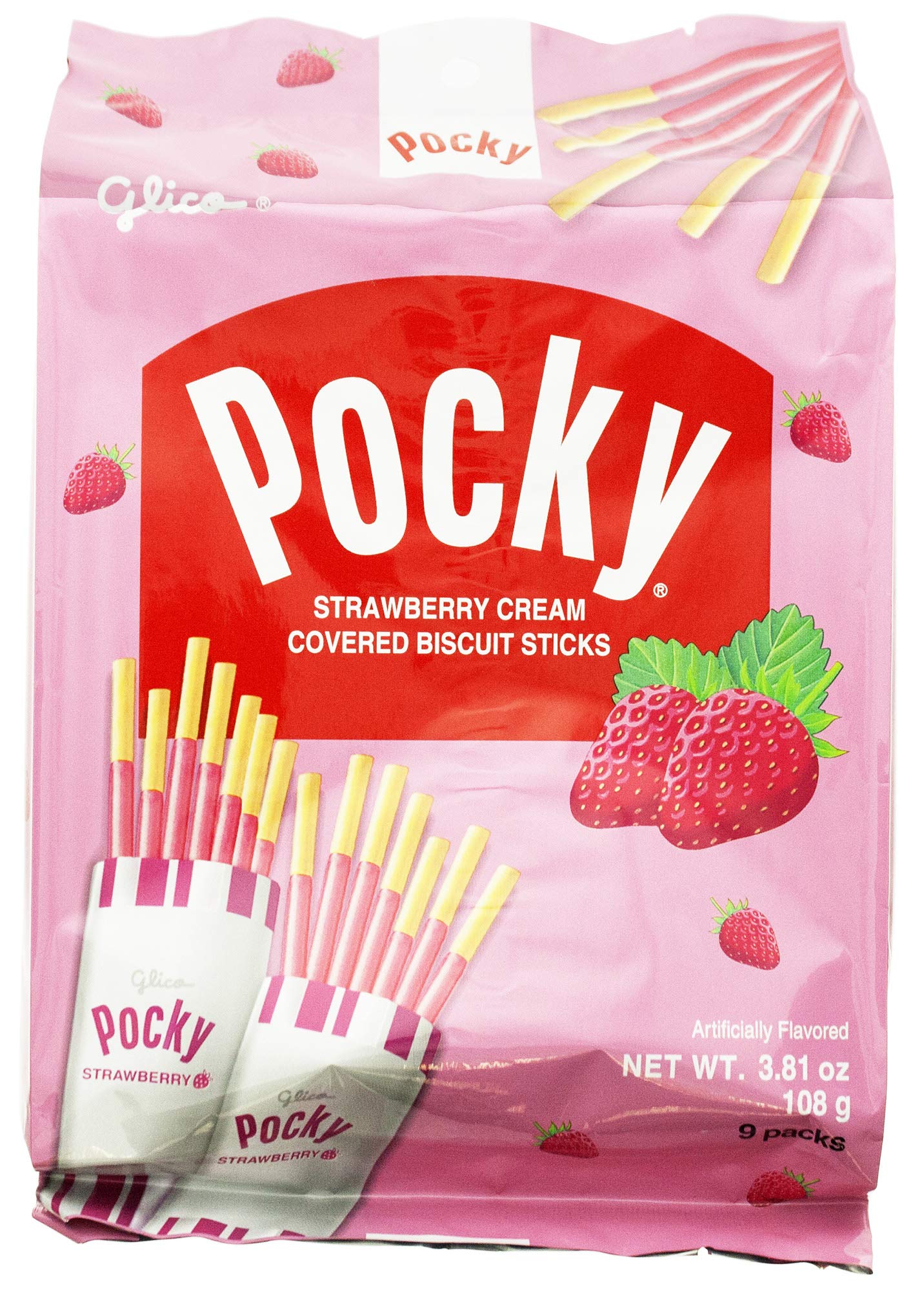 Glico Pocky, Strawberry Cream Covered Biscuit Sticks, 9 Individual Packs, 3.81 Ounce Bag - 5 Count Display Box