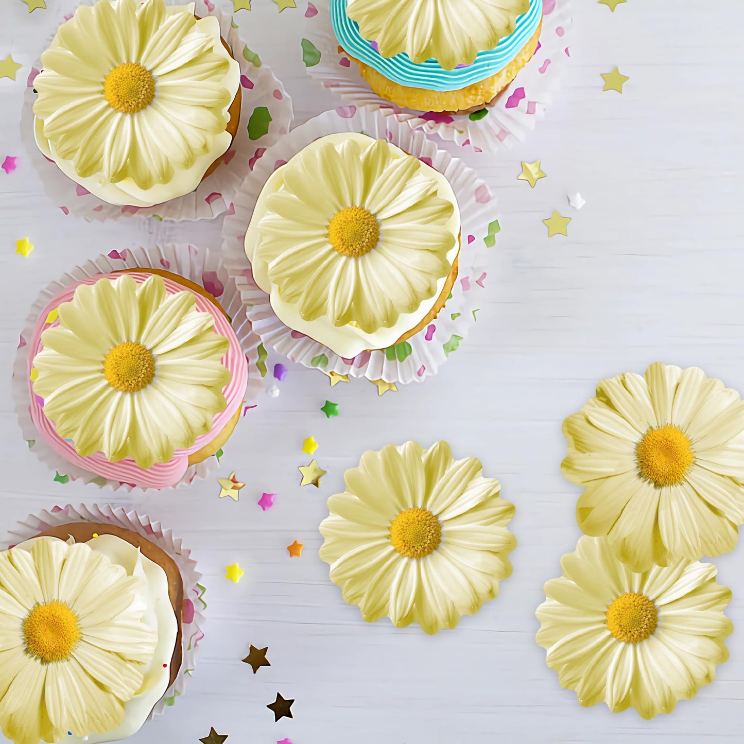 Foowztao 60Pcs Edible Daisy Cupcake Toppers - Wafer Paper Flower Decorations for Birthday & Wedding, Yellow
