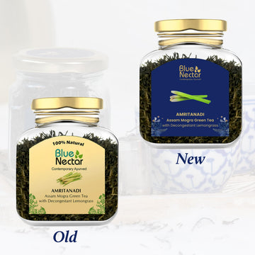 Blue Nectar Green Tea Leaves with Decongestant Lemongrass | Loose Green Leaves Sourced from Assam | Reusable Glass Jar (50 gm +