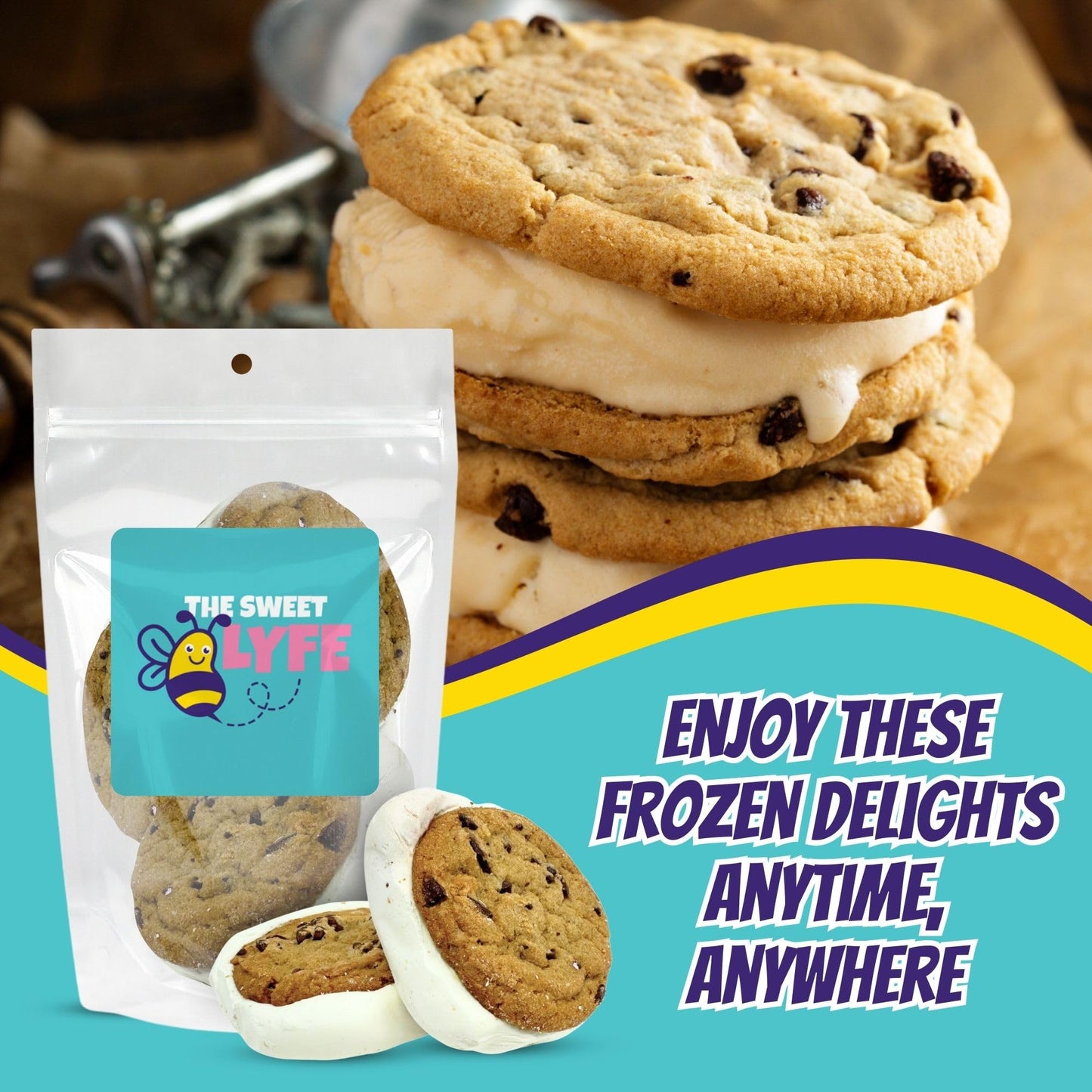 Freeze Dried Chocolate Chip Ice Cream Sandwich. Includes One-3Pcs Freeze Dried Ice Cream Sandwich By The Sweet Lyfe. Delicious I