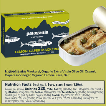 Patagonia Provisions Lemon Caper Wild Mackerel | Responsibly Sourced In Spain | 19G Protein & Gluten Free | 10-Pack