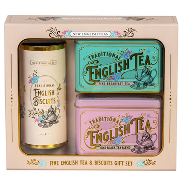 New English Teas Vintage Victorian Tea & Cookies Gift Set With 80 Fine English Teabags, 2 Tea Caddies And Luxury Cornish Biscuit