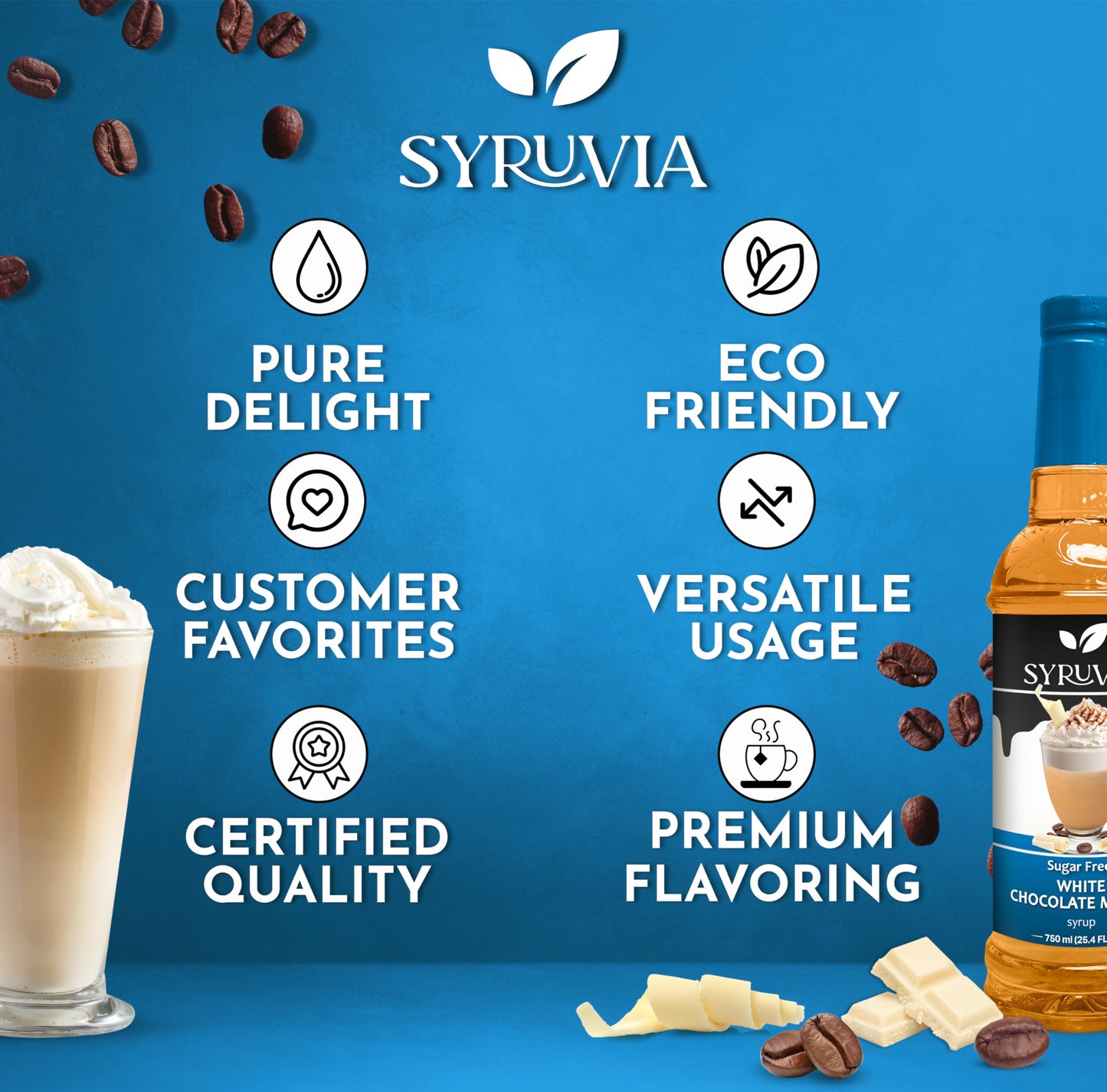 Syruvia Sugar-Free White Chocolate Mocha Coffee Syrup - 25.4 fl oz. Premium Coffee Flavoring Syrup. 0 Calories, Kosher, and Glut