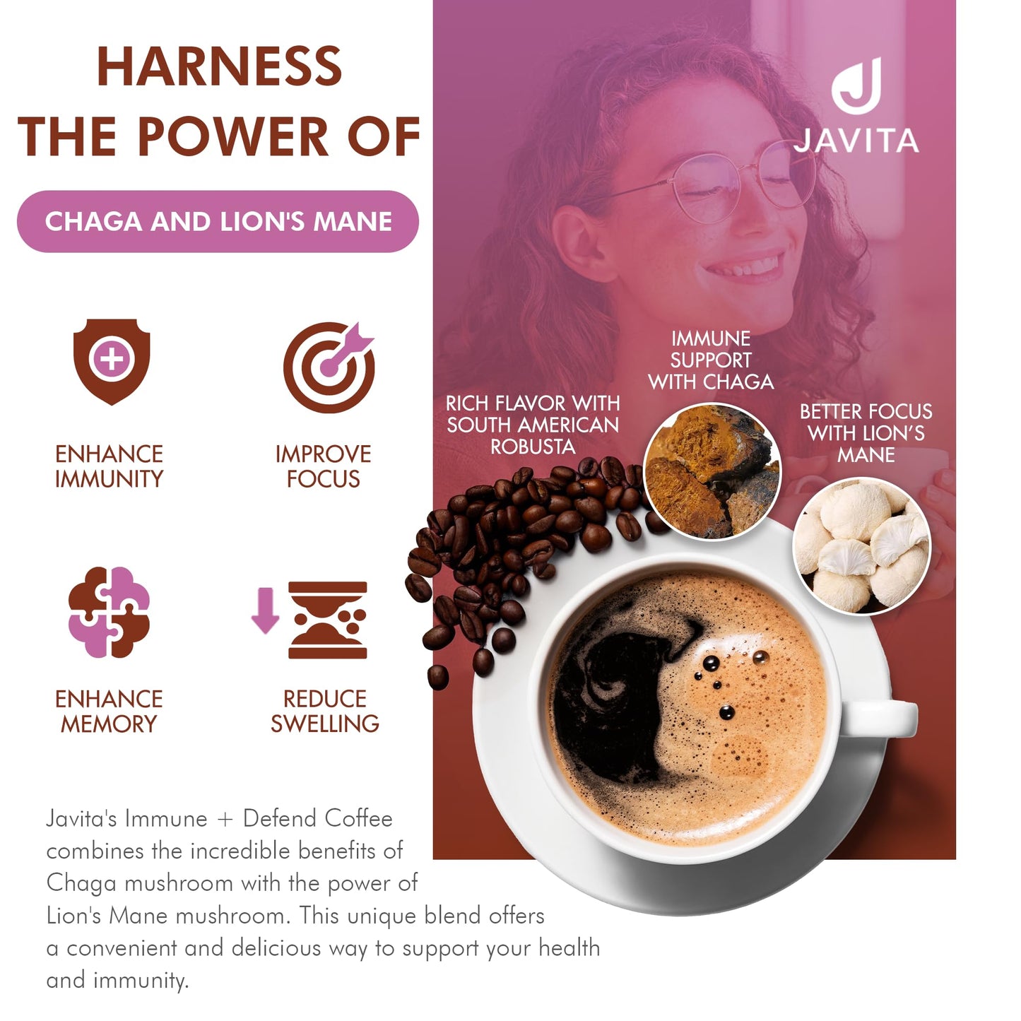 Javita Immune + Defend Mushroom Coffee - South American Dark Roast Robusta W/Chaga & Lions Mane, Overall Immune Health Support,
