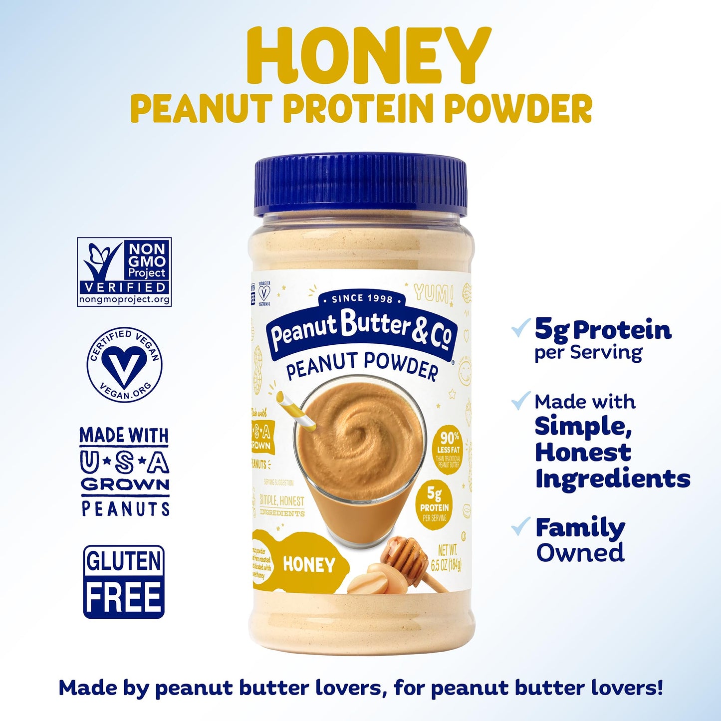 Peanut Butter & Co. Powdered Peanut Protein, Gluten Free, Honey, 6.5 Ounce Jars, 6 Count