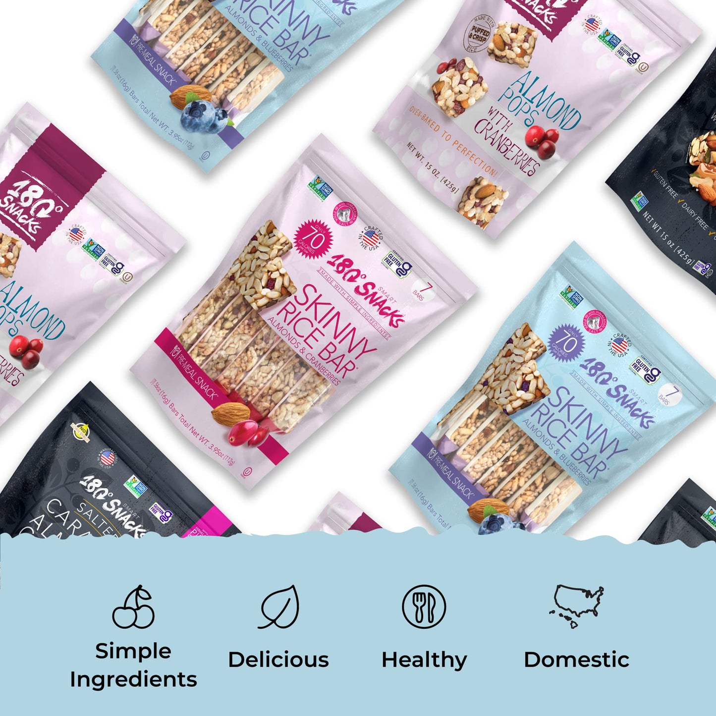 180 Snacks Pre-Meal Snack Skinny Rice Bar with Himalayan Salt 1 Pack, 3.22oz (Blueberry & Almond)