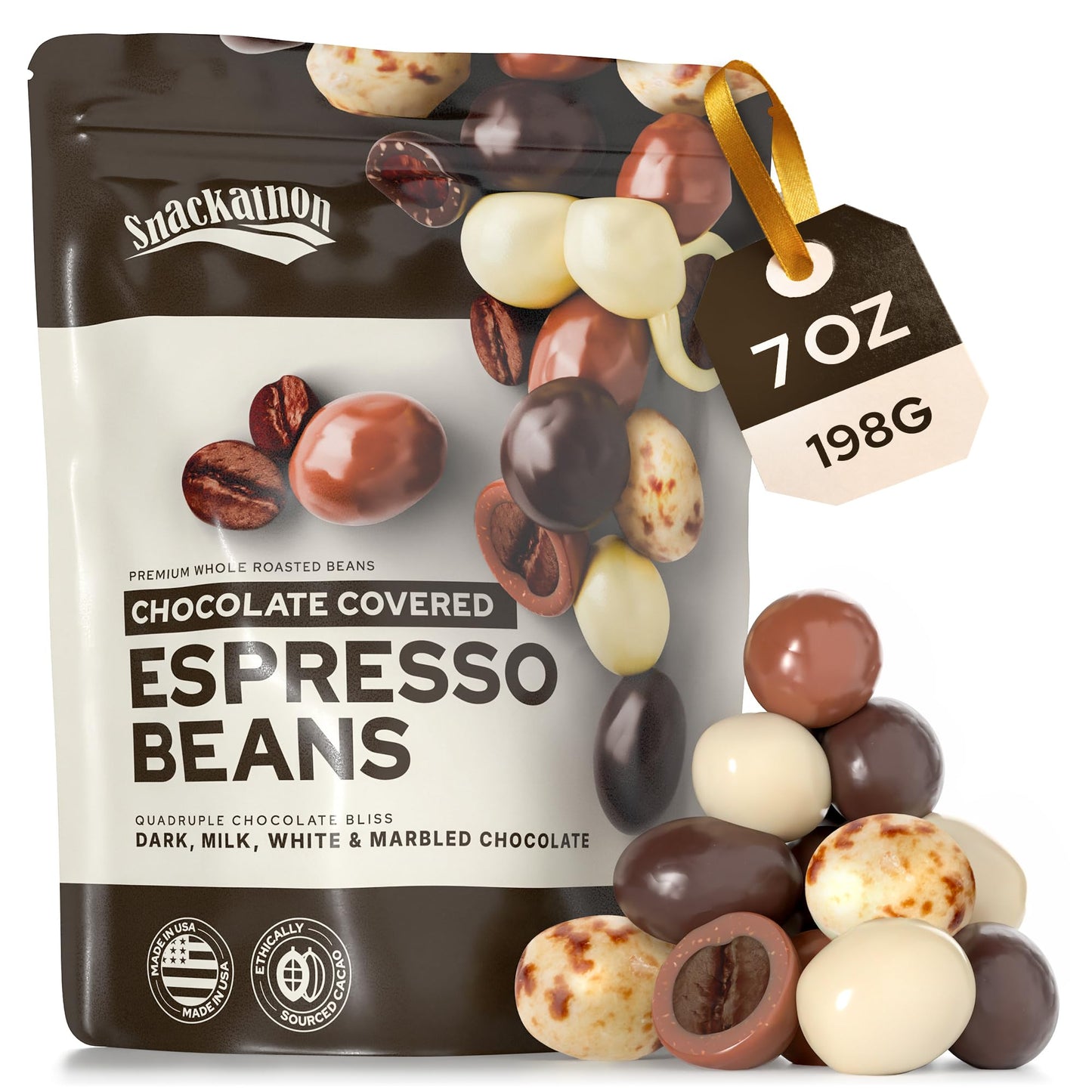Snackathon Chocolate Covered Espresso Beans 4 Chocolate Blend (Dark Milk White Marbled) 7 Oz Resealable Bag Made In Usa Gourmet Candy Snack For Coffee Lovers